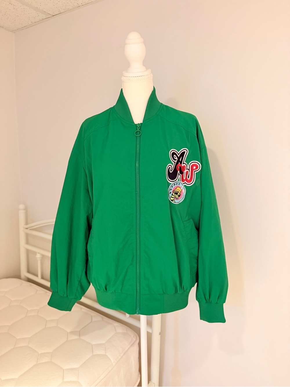 Bershka Green Bomber Jacket with Patch Accents